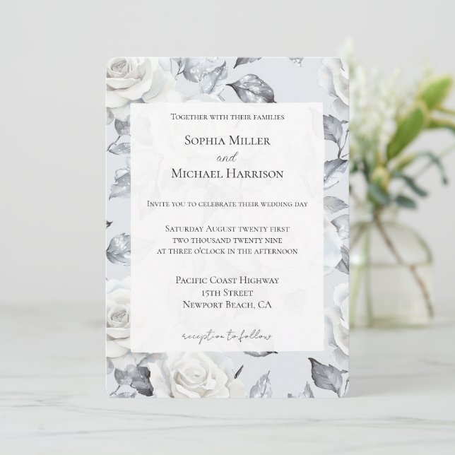 Invitation Mariage floral Chic Silver White Roses (Debout devant)