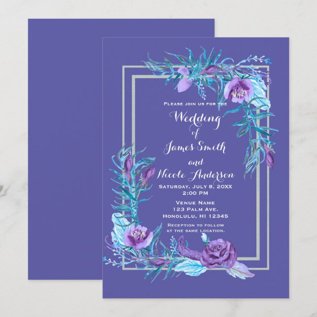 Invitation Mariage Floral Chic Ultra Violet Pourpre et Aqua (Devant / Derrière)