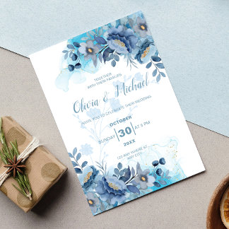 Invitation Mariage Floral Chinois Bleu Poussiéreux Élégant