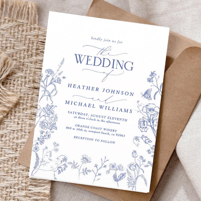Invitation Mariage Floral Chinoiserie Bleu Français (Créateur téléchargé)