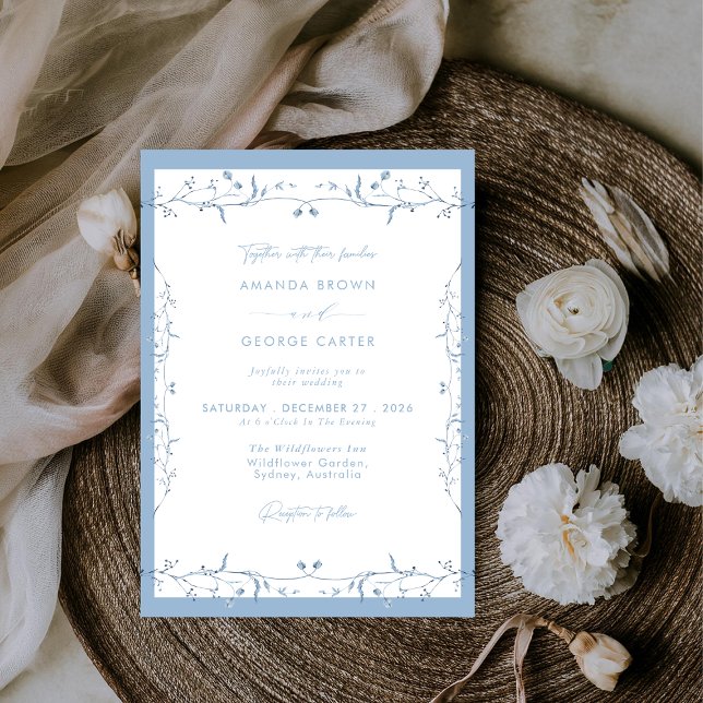 Invitation Mariage Floral Chinoiserie Bleu Poussiéreux Minima (Créateur téléchargé)