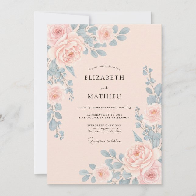 Invitation Mariage Floral Ciel Rosé (Devant)