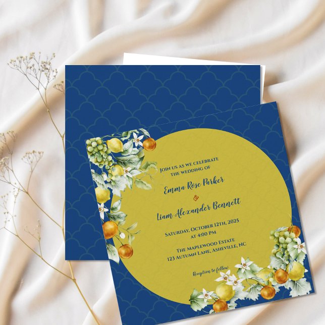 Invitation Mariage Floral Citron Bleu Or Élégant (Elegant Citrus Blue Gold Floral Wedding Invitation)