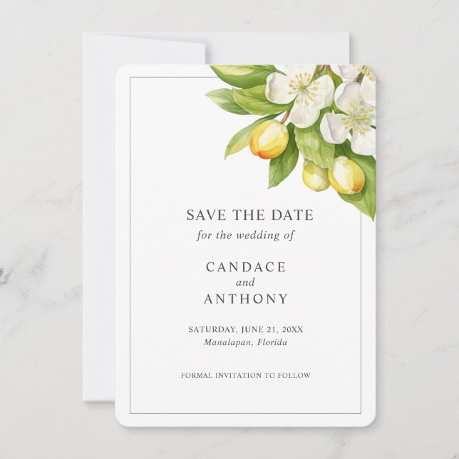 Invitation Mariage floral Citrus Enregistrer la date (Devant)