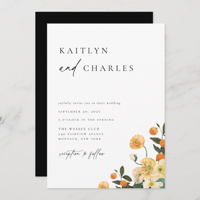 Invitation Mariage floral Citrus Orange (Devant / Derrière)