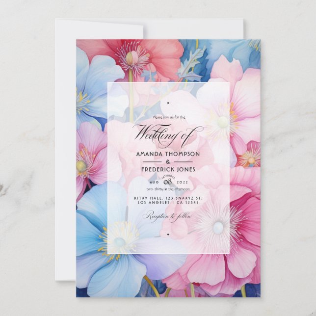 Invitation Mariage floral clair et bleu clair (Devant)