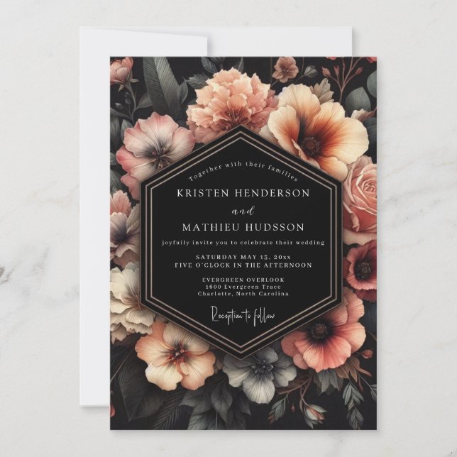 Invitation Mariage Floral Clair-obscur Rose (Devant)