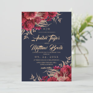 Invitation Mariage floral classique bordeaux et bleu marine