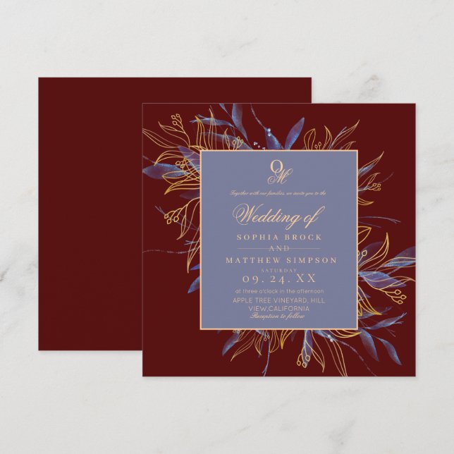 Invitation Mariage Floral Classique Bourgogne Navy (Devant / Derrière)