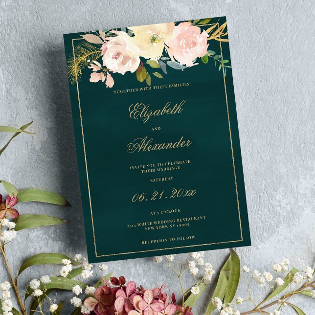 Invitation Mariage floral classique corail rose vert foncé (Classic dark green gold pink coral floral wedding)