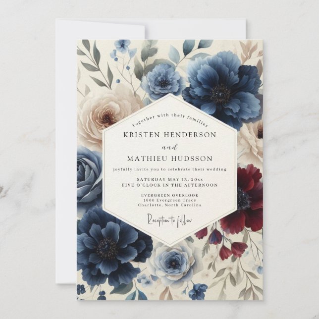 Invitation Mariage Floral Classique Navy et Bourgogne (Devant)