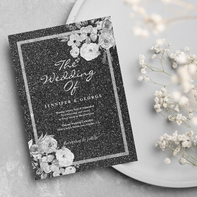 Invitation Mariage floral classique noir blanc argent paillet (Classic black white silver glitter floral wedding)