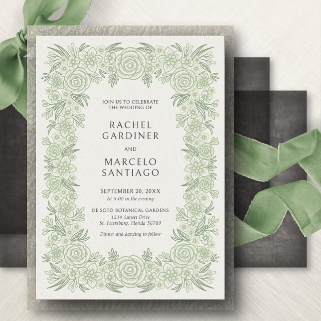 Invitation Mariage floral classique vert sauge (Créateur téléchargé)