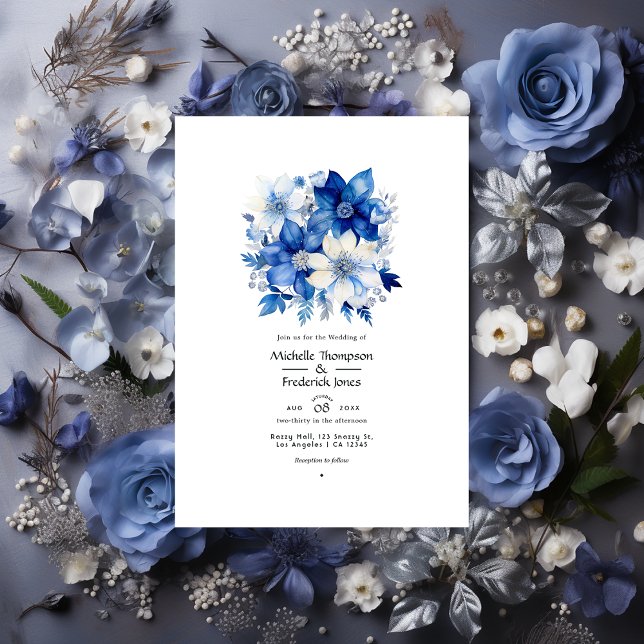 Invitation Mariage floral cobalt et argent galactique (Créateur téléchargé)