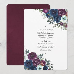Invitation Mariage floral code QR RSVP Navy et prune