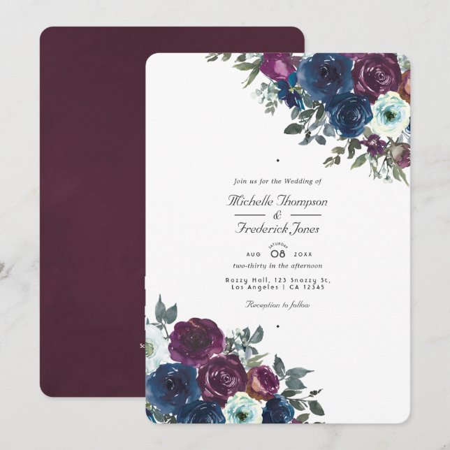 Invitation Mariage floral code QR RSVP Navy et prune (Devant / Derrière)