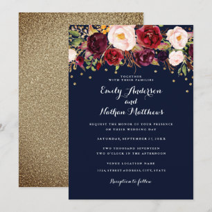 Invitation Mariage floral confetti or marine bordeaux