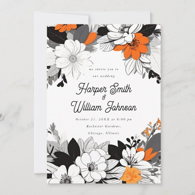 Invitation Mariage floral contemporain noir, blanc, orange (Devant)