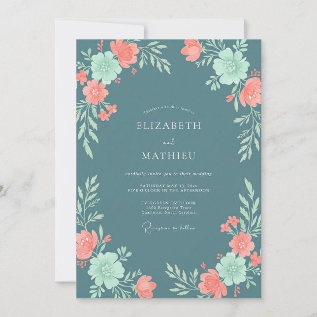 Invitation Mariage Floral Corail Bleu Ardoise (Devant)