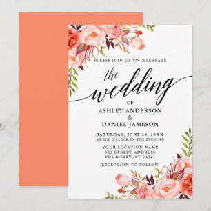 Invitation Mariage Floral Corail Calligraphie Moderne