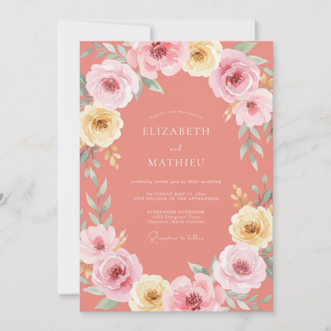 Invitation Mariage Floral Corail Élégant et Peint (Devant)