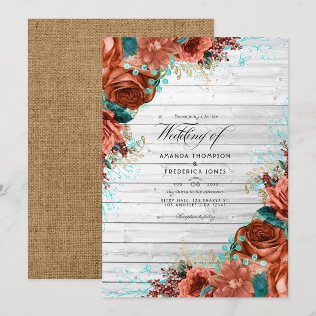 Invitation Mariage Floral Corail et Sarcelle de Grange de Cam (Devant / Derrière)