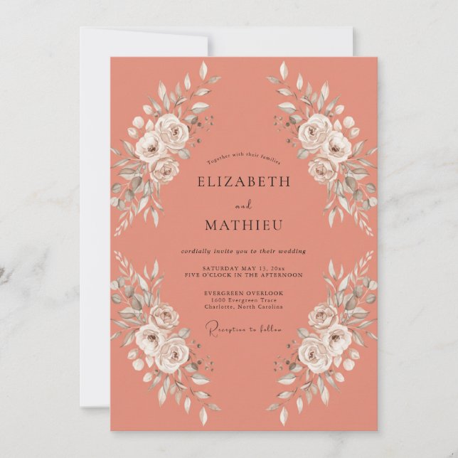 Invitation Mariage Floral Corail Gracieux (Devant)