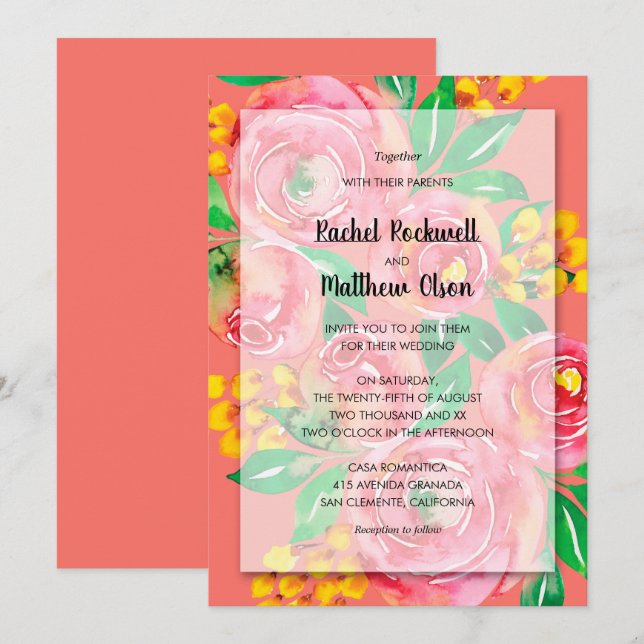 Invitation Mariage Floral Corail Jaune Rose (Devant / Derrière)