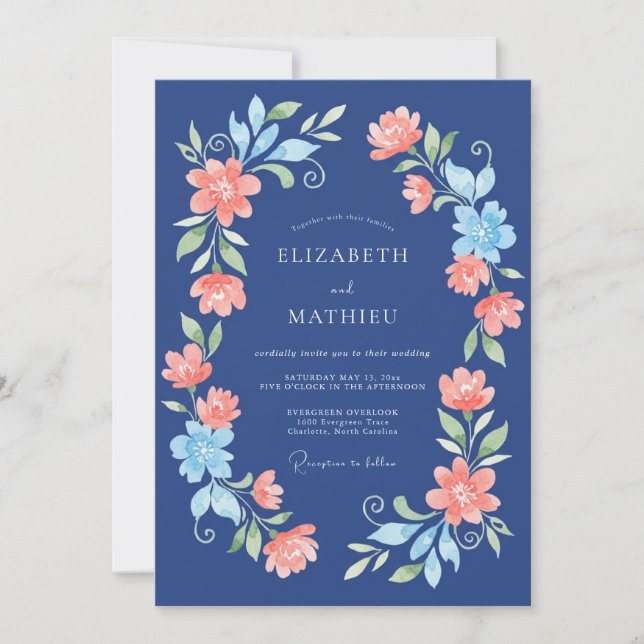 Invitation Mariage Floral Corail Marine (Devant)