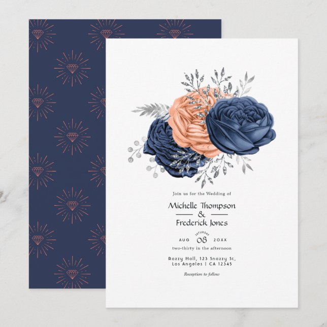 Invitation Mariage floral corail, marine et argent (Devant / Derrière)