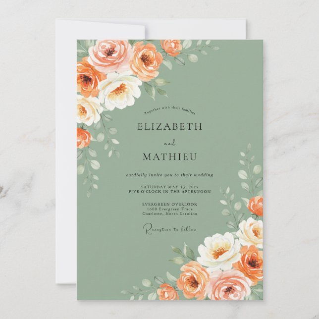 Invitation Mariage Floral Corail Sage Élégant (Devant)