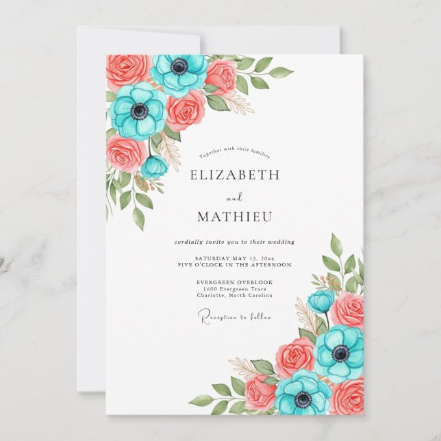 Invitation Mariage Floral Corail Sarcelle (Devant)