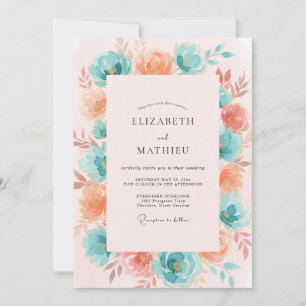 Invitation Mariage Floral Corail Sarcelle