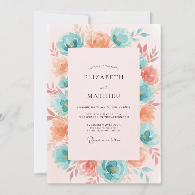 Invitation Mariage Floral Corail Sarcelle (Devant)