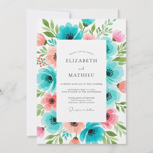 Invitation Mariage Floral Corail Sarcelle en Fleur (Devant)