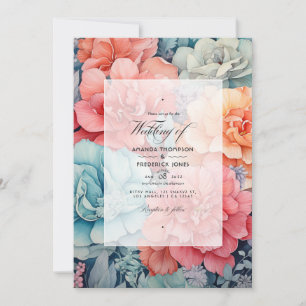Invitation Mariage floral corail, sarcelle et gris clair