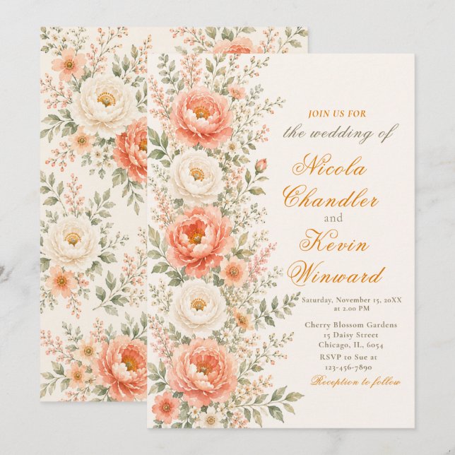 Invitation Mariage Floral Corail & Sauge (Devant / Derrière)