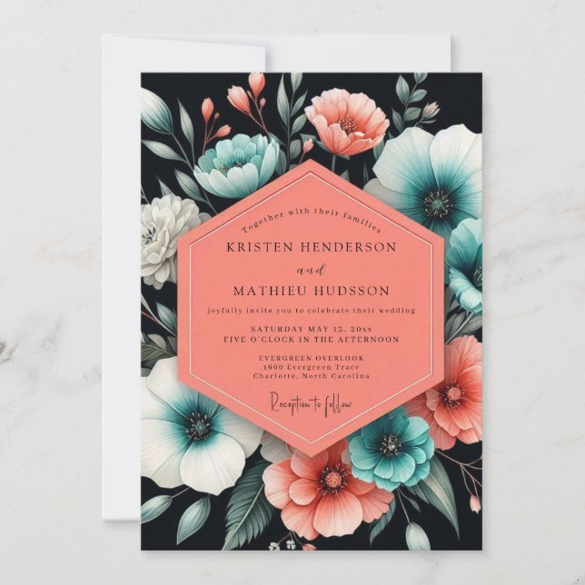 Invitation Mariage Floral Corail Sombre Teal (Devant)