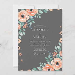 Invitation Mariage Floral Corail Sophistiqué au Charbon