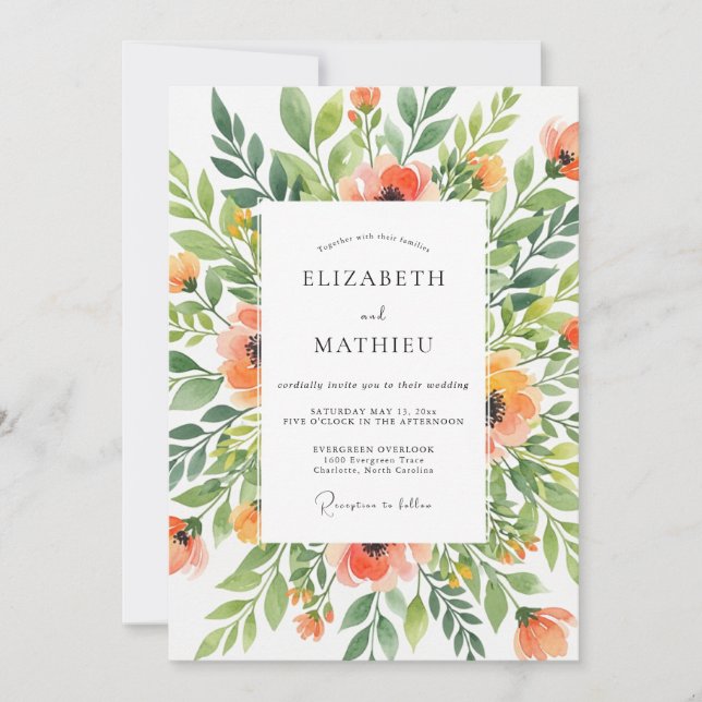 Invitation Mariage Floral Corail Verdoyant (Devant)