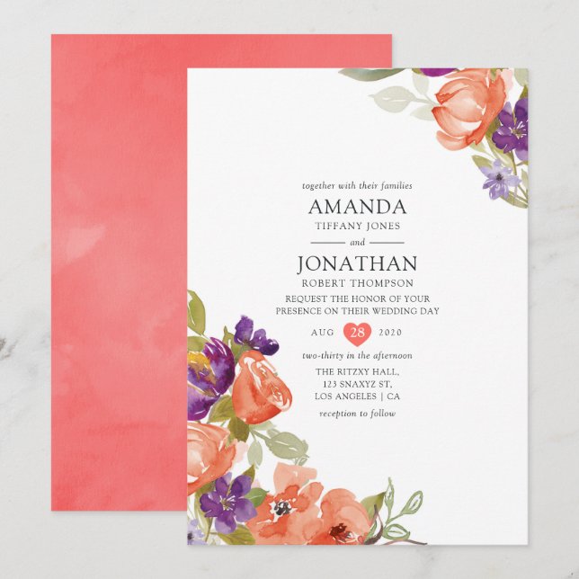 Invitation Mariage Floral Corail Vivant (Devant / Derrière)