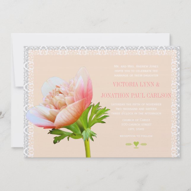 Invitation Mariage floral Coral et Lace Peony (Devant)