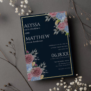 Invitation Mariage floral couleur bleu marine or rose
