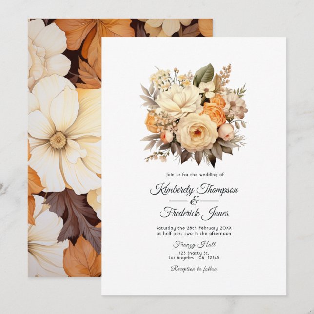 Invitation Mariage Floral Couleur Champagne (Devant / Derrière)