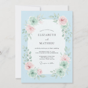 Invitation Mariage Floral Coup de Pinceau Bleu Ciel