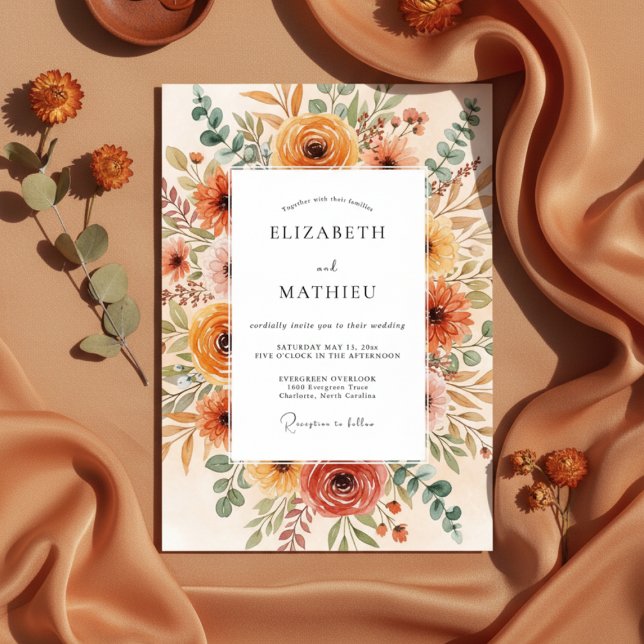 Invitation Mariage Floral Coup de Pinceau Orange Brûlé (Créateur téléchargé)
