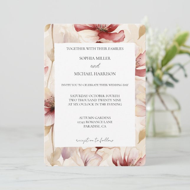 Invitation Mariage Floral Crème Blanc Rouge Romantique (Debout devant)