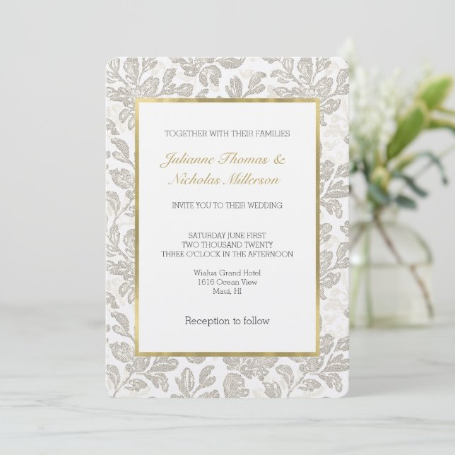 Invitation Mariage Floral Crème Blanche Élégant (Debout devant)