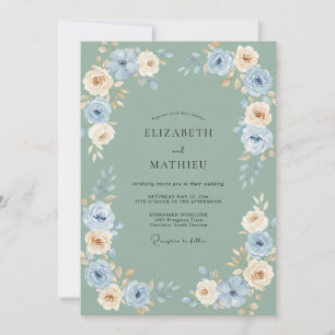 Invitation Mariage Floral Crème Bleu