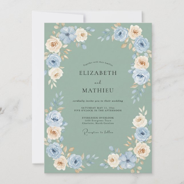 Invitation Mariage Floral Crème Bleu (Devant)